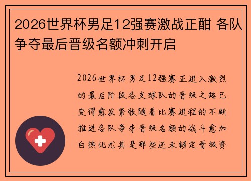 2026世界杯男足12强赛激战正酣 各队争夺最后晋级名额冲刺开启