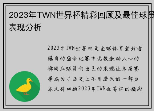 2023年TWN世界杯精彩回顾及最佳球员表现分析